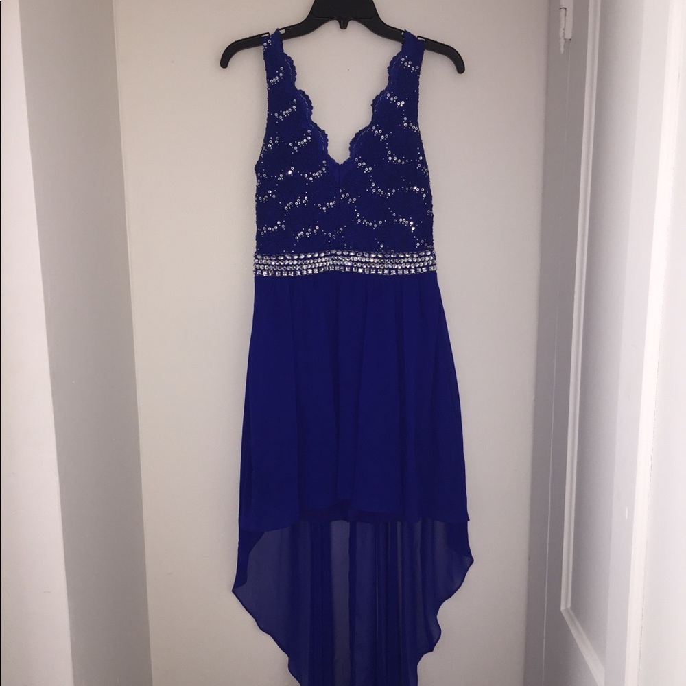 B. Smart Blue High Low Dress with Lace and Sparkle